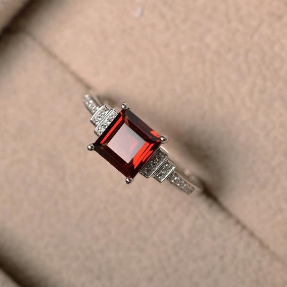 Garnet Rings, Red Gemstone, January Birthstone Ring, Promise, Engagement Ring, Sterling Silver, Square Cut