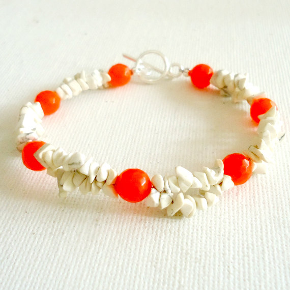 Orange Bracelet - Gemstone Jewelry - White Turquoise Jewellery - Tangerine - Jade - Boho - Resort - Hipster - Neon - Modern B-330