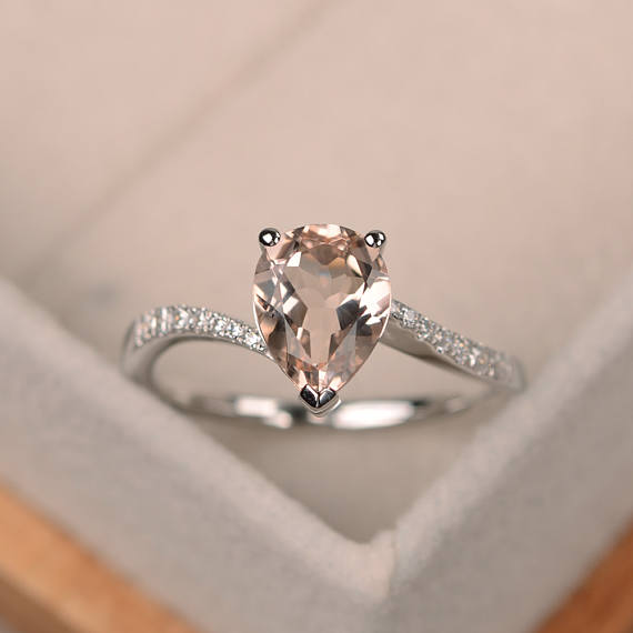 Natural Morganite Engagement Ring, Pear Shaped Ring, Gemstone Ring Silver