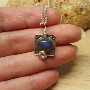 Small Labradorite Pendant. Reiki Jewellery Uk. Square Frame Pendant. Silver Plated Wire Wrapped Pendant. 10mm Stone Small Labradorite Pendant. Reiki Jewellery Uk. Square Frame Pendant. Silver Plated Wire Wrapped Pendant. 10mm Stone