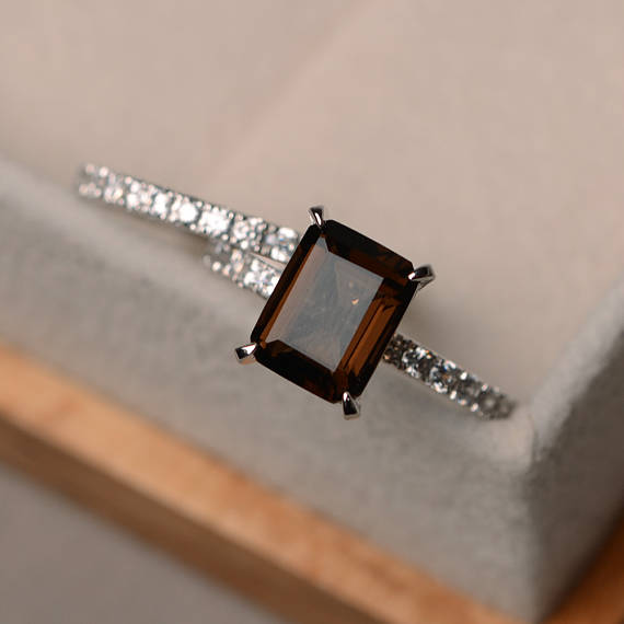 Natural Smoky Quartz Ring, Emerald Cut Engagement Ring Set, Gemstone Ring Silver, Promise Ring