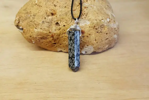 Snowflake Obsidian Point Pendant. Reiki Jewelry Uk. Virgo Jewelry. Silver Plated Wire Wrapped Pendant. Hexagonal 30x9mm Stone