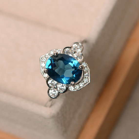 London Blue Topaz Ring, Oval Cut, Blue Gemstone, Wedding Ring, Sterling Silver