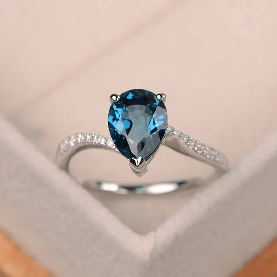 London Blue Topaz Ring, Pear Shaped Engagement Ring, Silver Ring