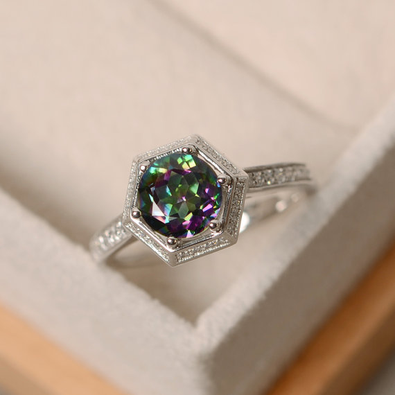 Mystic Topaz Ring, Engagement Ring, With Band, Colorful Ring, Sterling Silver