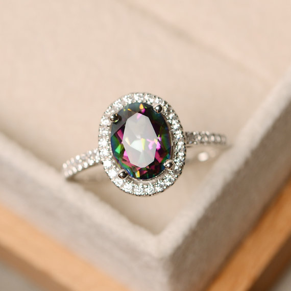Mystic Topaz, Halo Engagement Ring, Rainbow Topaz, Wedding Ring