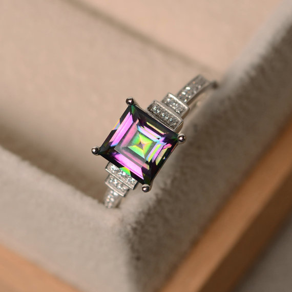 Mystic Topaz Ring, Sterling Silver, Square Cut Ring, Engagement Ring