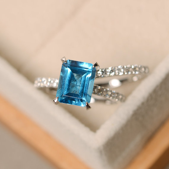 Swiss Blue Topaz Ring, Engagement Ring, Blue Gemstone Topaz Ring, Wedding Ring,emerald Cut Ring