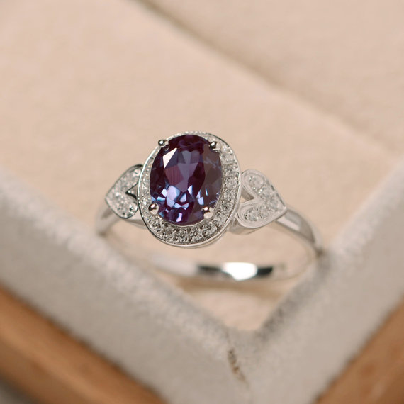 Alexandrite Ring, Oval Cut Ring, Sterling Silver
