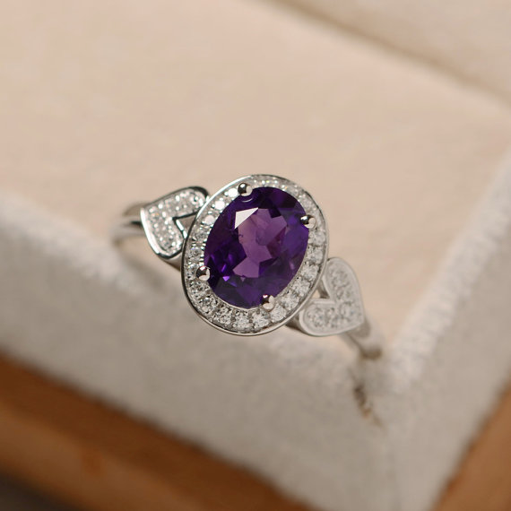 Amethyst Ring, Sterling Silver, Halo Ring, February Birthstone, Purple Amethyst Ring