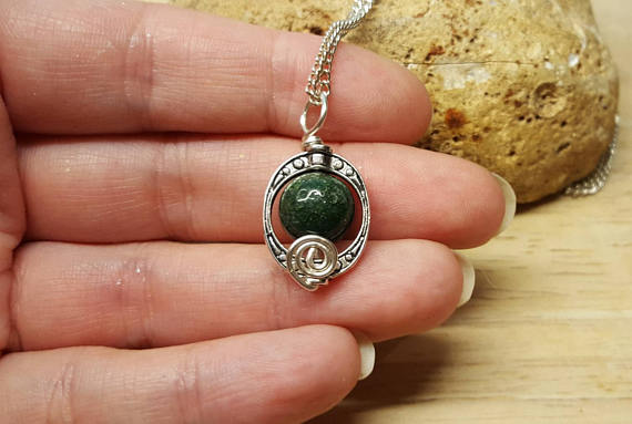 Small Bloodstone Pendant. March Birthstone. Red Green Reiki Jewelry Uk. Silver Plated Oval Frame Necklace. 10mm Stone