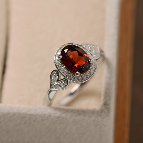 Red Garnet Ring, January Birthstone, Sterling Silver, Oval Cut, Halo Ring, Anniversary Ring