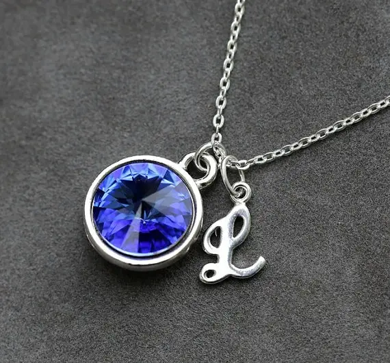 September Birthstone Necklace, Personalized Initial Jewelry, Sapphire Silver Letter Necklace, New Mom Necklace