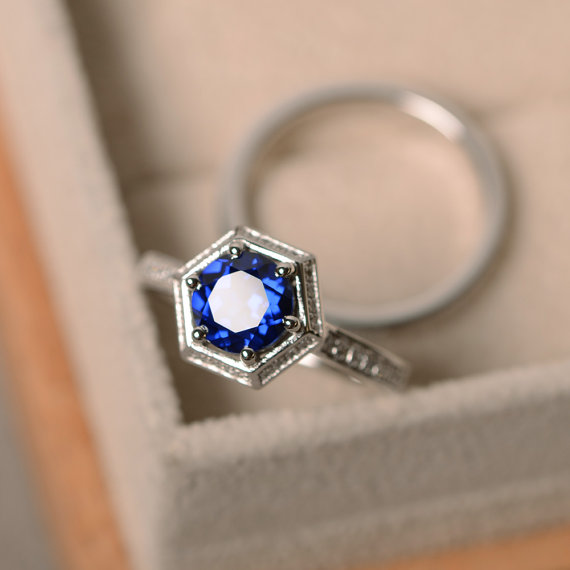 Lab Sapphire Ring, Promise, Sterling Silver, September Birthstone, Engagement Ring