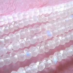 Shop Moonstone Faceted Beads! Faceted Natural MOONSTONE Rondelle Roundel Gemstone Beads, AAA AAAA, 3.5-4 mm, Blue Flash White Rainbow Moonstone Semiprecious Loose Bead 40 | Natural genuine faceted Moonstone beads for beading and jewelry making.  #jewelry #beads #beadedjewelry #diyjewelry #jewelrymaking #beadstore #beading #affiliate #ad