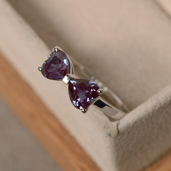 Double Stone Ring, Alexandrite Engagement Ring, Heart Cut, Sterling Silver,gifts For Girls