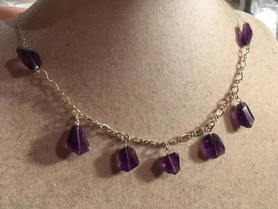 Amethyst Necklace - February Birthstone - Purple Jewelry - Sterling Silver Chain - Gemstone Jewellery - Fringe - Gift - Handmade - Carmal