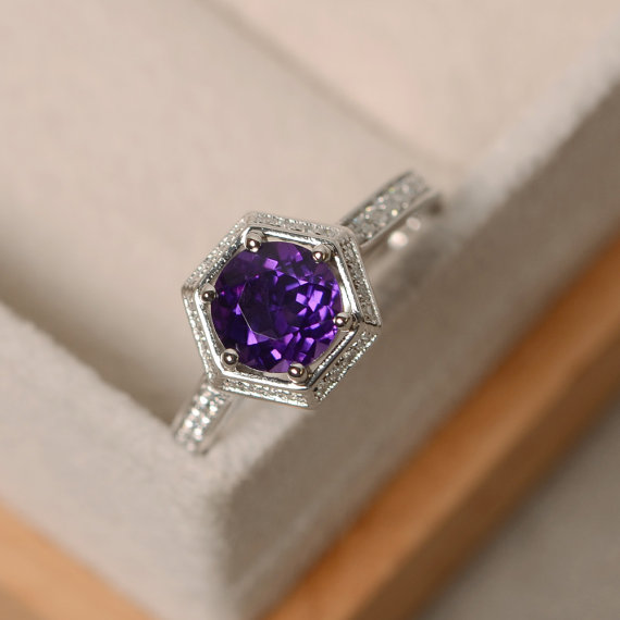 Amethyst Engagement Ring, Wedding Ring, Purple Gemstone, February Birthstone Ring, Sterling Silver