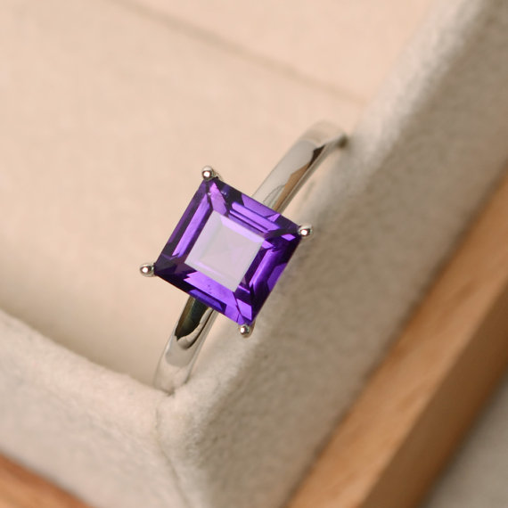 Amethyst Ring, Purple Gemstone Ring, Square Ring, Solitaire Ring, February Birthstone Ring