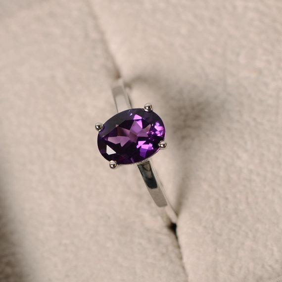 Purple Amethyst Ring, Sterling Silver, February Birthstone Ring, Solitaire Ring