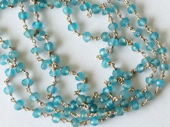 3mm Apatite Faceted Rondelle Beads In 925 Silver Wire Wrapped Rosary Style Chain Neon Blue Apatite Beaded Chain (1 Foot To 5 Feet Options)