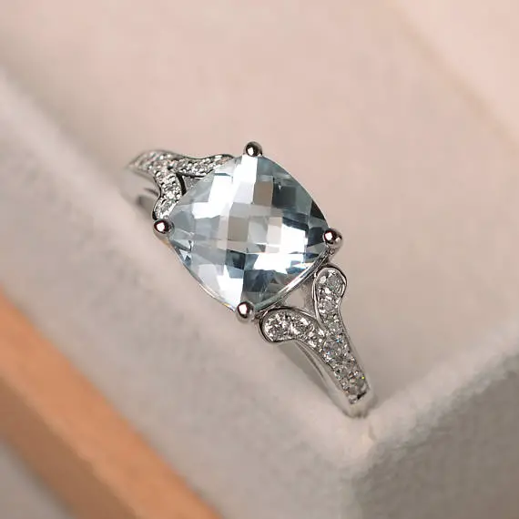 Natural Aquamarine Ring, Cushion Cut Promise Engagement Wedding Ring, Silver Ring,blue Gemstone Ring,march Birthstone Ring