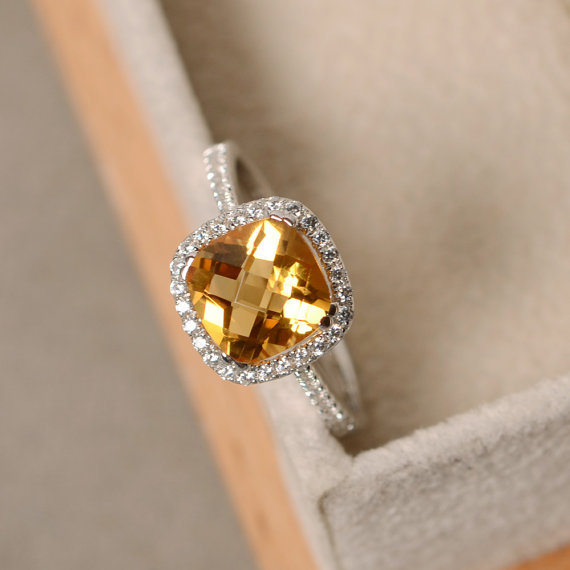 Citrine Ring, Cushion Cut, Yellow Gemstone, Engagement Ring, November Birthstone Ring