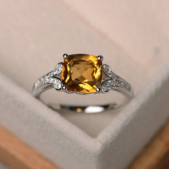 Natural Citrine Ring, Cushion Cut Engagement Wedding Ring, Sterling Silver Ring, November Birthstone Ring