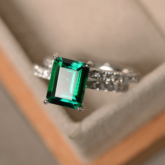 Emerald Engagement Ring, May Birthstone, Green Gemstone, Wedding Band, Bridal Sets