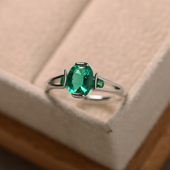 Emerald Ring, Lab Emerald, Sterling Silver, Promise Ring, May Birthstone Ring, Engagement Ring