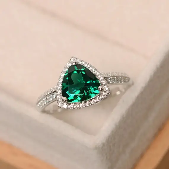 Lab Emerald Ring, Trillion Cut Engagement Ring, Sterling Silver