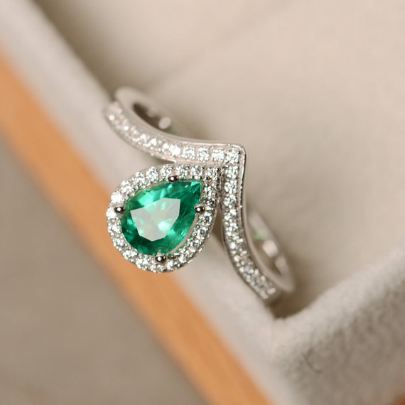 Emerald Ring, Pear Cut, Gemstone Ring Emerald