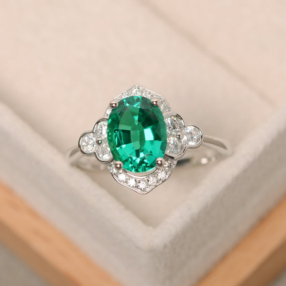 Emerald Ring, Sterling Silver, Oval Cut Emerald, Green Gemstone, Promise Ring