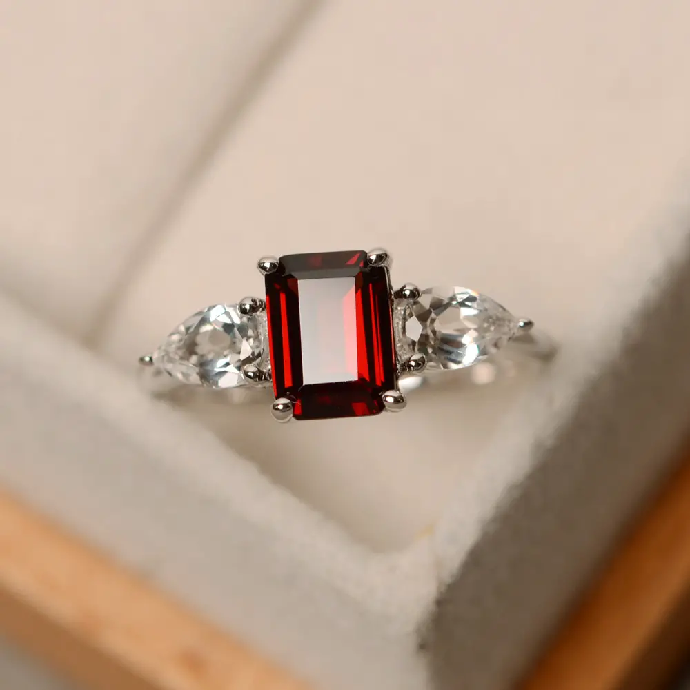 Vintage Garnet Multi Stone Wedding Ring, 925 Sterling Silver, Emerald Cut, Custom January Birthstone Ring