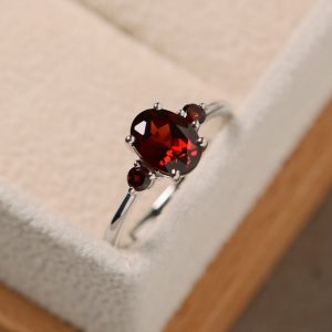 Shop Garnet Engagement Rings! Garnet ring, three stone ring, sterling silver, January birthstone ring,vintage ring | Natural genuine Garnet rings, simple unique handcrafted gemstone rings. #rings #jewelry #shopping #gift #handmade #fashion #style #affiliate #ad