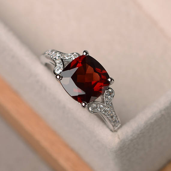 Natural Garnet Ring, Cushion Cut Promise Wedding Ring, Sterling Silver Ring,red Gemstone Ring,january Birthstone Ring