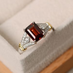 Garnet ring, sterling silver with gold, January birthstone ring, engagement ring | Natural genuine Array rings, simple unique alternative gemstone engagement rings. #rings #jewelry #bridal #wedding #jewelryaccessories #engagementrings #weddingideas #affiliate #ad