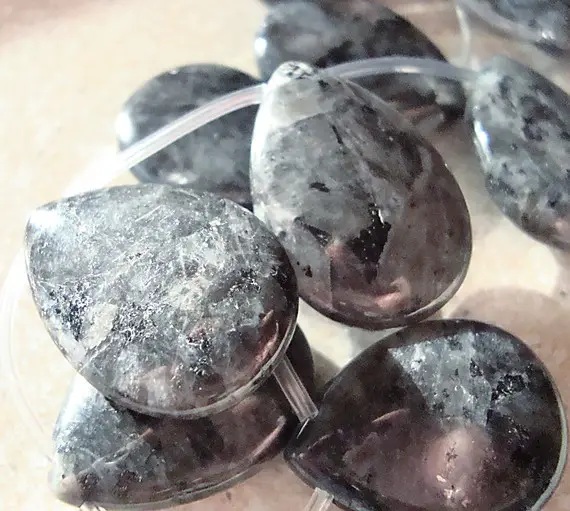 Larvikite Beads 24 X 18mm  Black Labradorite Smooth Teardrops - 4 Pieces