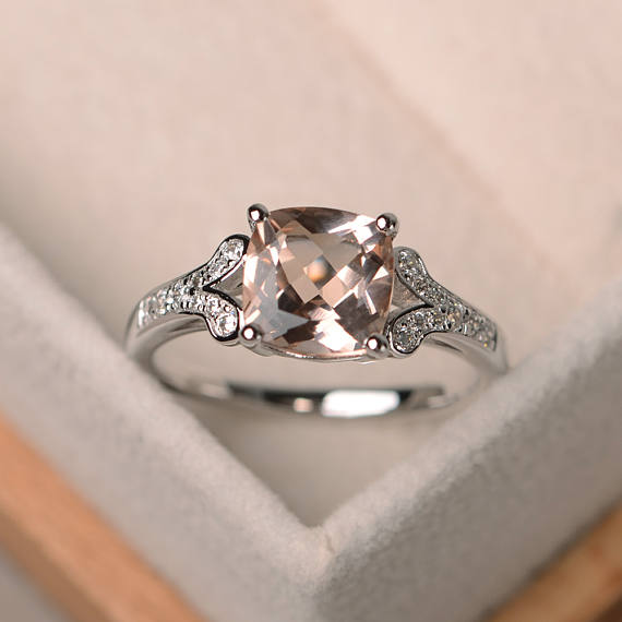 Genuine Natural Morganite Ring, Cushion Cut Engagement Promise Ring, Sterling Silver Ring,pink Gemstone Ring