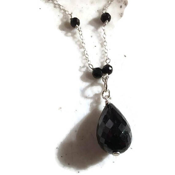 Black Onyx Necklace - Gemstone Jewelry - Sterling Silver Jewellery - Tear Drop Pendant - Wire Wrapped - Luxe - Statement