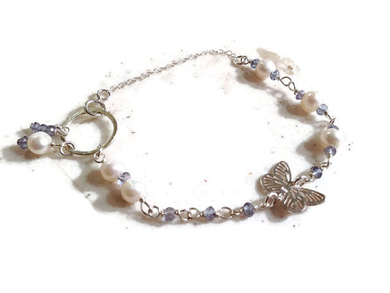 Blue Quartz Bracelet - Sterling Silver Jewelry - Pearl Gemstone Jewellery - Butterfly - Fashion - Chain
