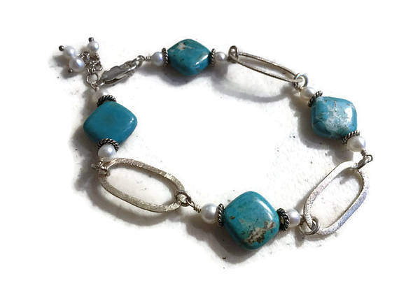 Blue Turquoise Bracelet - White Pearl Gemstone Jewelry - Sterling Silver Jewellery - Funky - Beaded - Fashion - Gift - Jewelrybycarmal