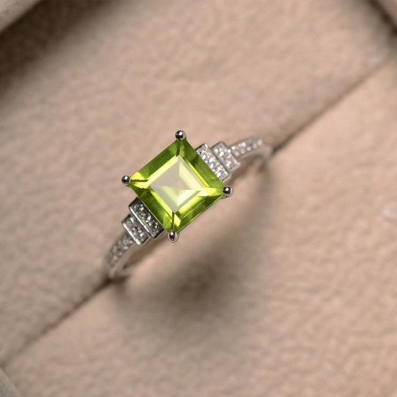 Natural Peridot Ring, Square Cut, Engagement, Promise Ring, August Birthstone, Sterling Silver