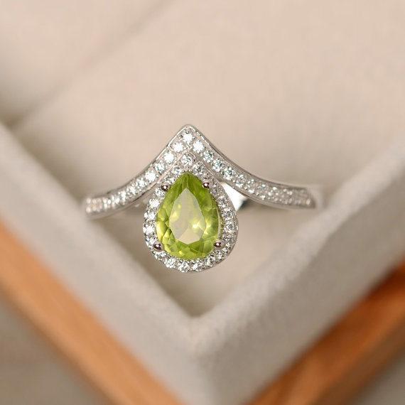 Peridot Ring, Pear Cut , Engagement Ring, Natural Peridot