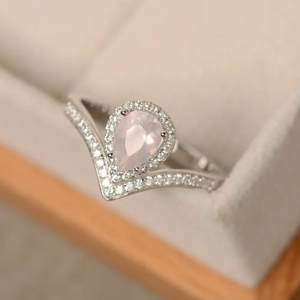 Pink Quartz Ring, Pear Cut, Pink Crystal