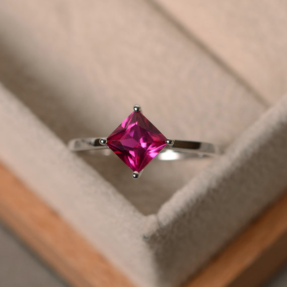 Lab Ruby Ring, Princess Cut, July Birthstone, Solitaire Ring