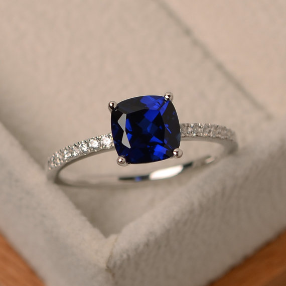 Sapphire Ring, Engagement Ring, Sterling Silver, Cushion Cut, Blue Gemstone Ring, Sapphire Jewelry