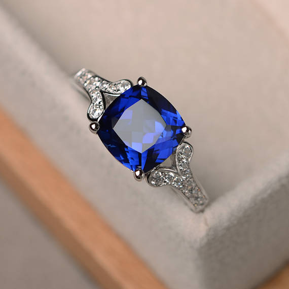 Lab Sapphire Ring, Cushion Cut Engagement Promise Ring, Sterling Silver Ring,blue Gemstone Ring,september Birthstone Ring