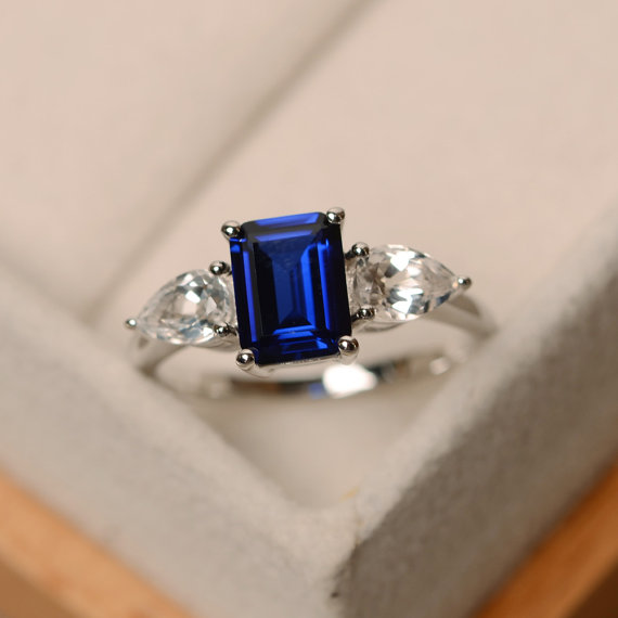 Vintage Emerald Cut Sapphire Three Stone Engagement Ring,sterling Silver,september Birthstone Ring