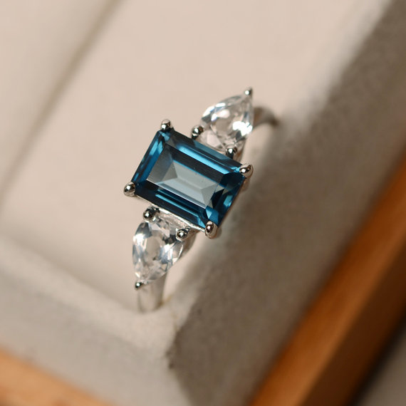 Emerald Cut November Birthstone Ring, Sterling Silver,london Blue Three Stone Engagement Ring